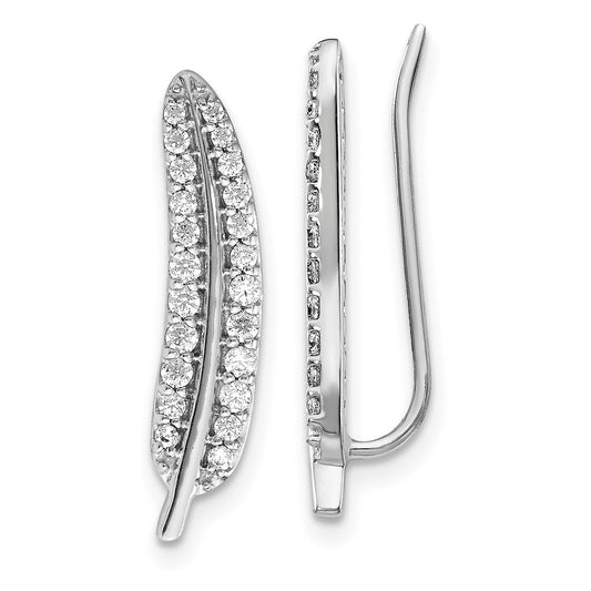 14k White Gold Real Diamond Feather Ear Climber Earrings
