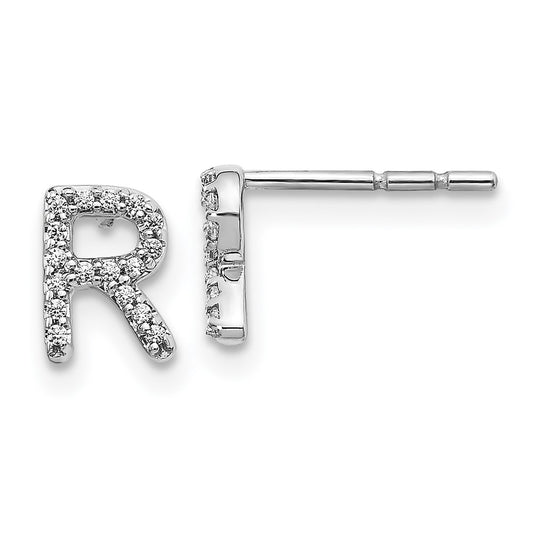 14k White Gold Real Diamond Initial R Earrings