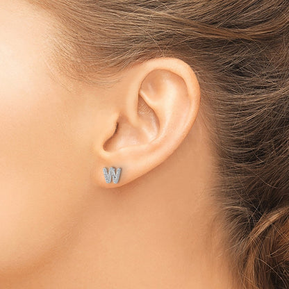 14k White Gold Real Diamond Initial W Earrings
