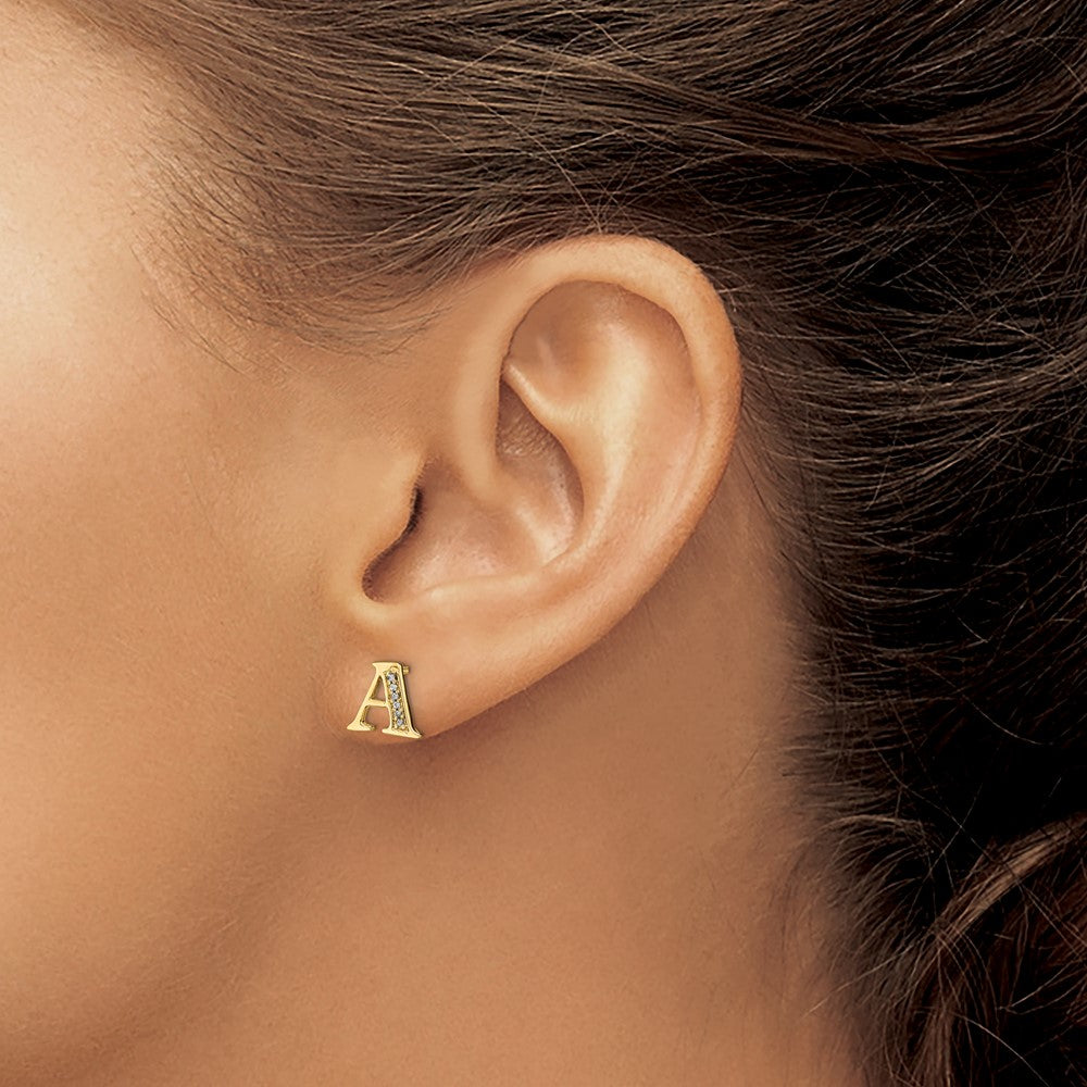 14k Yellow Gold Real Diamond Initial A Earrings
