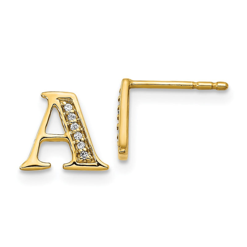 14k Yellow Gold Real Diamond Initial A Earrings