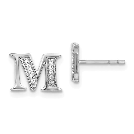 14k White Gold Real Diamond Initial M Earrings