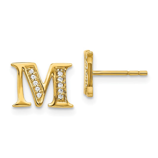 14k Yellow Gold Real Diamond Initial M Earrings