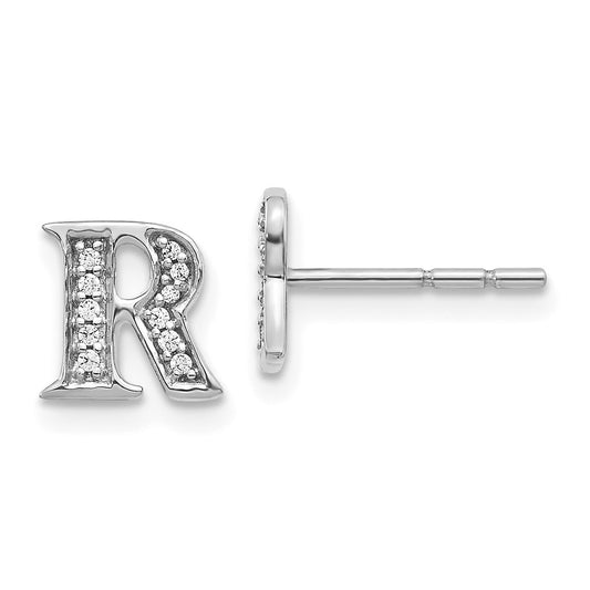 14k White Gold Real Diamond Initial R Earrings