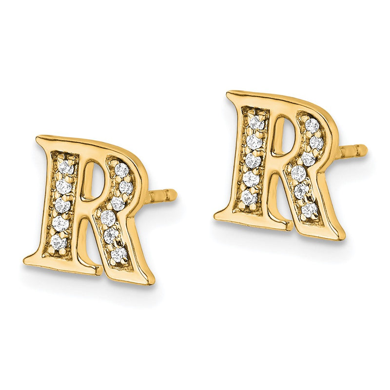 14k Yellow Gold Real Diamond Initial R Earrings
