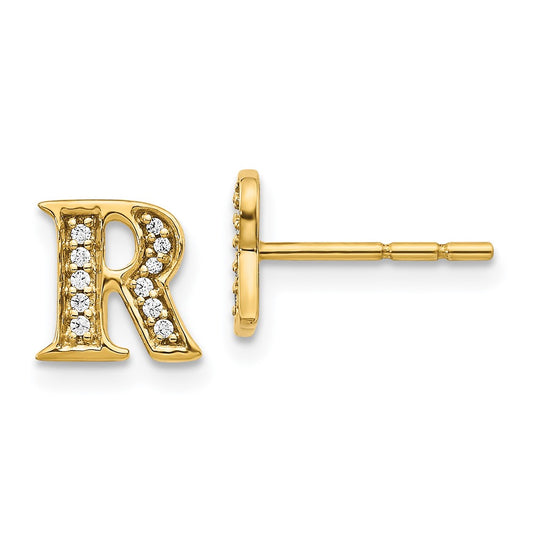 14k Yellow Gold Real Diamond Initial R Earrings