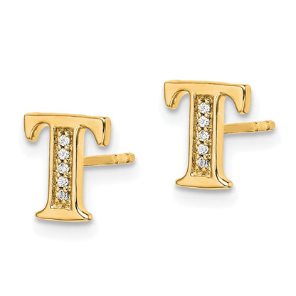 14k Yellow Gold Real Diamond Initial T Earrings