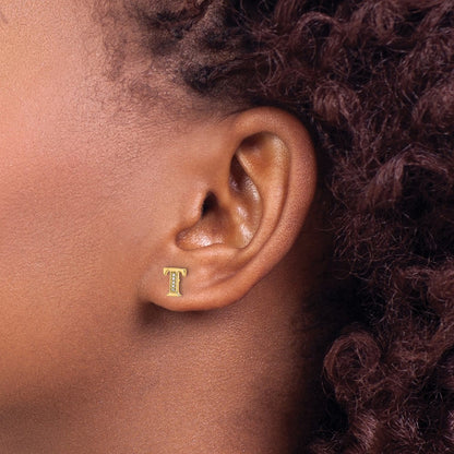 14k Yellow Gold Real Diamond Initial T Earrings