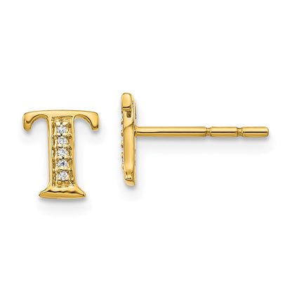 14k Yellow Gold Real Diamond Initial T Earrings
