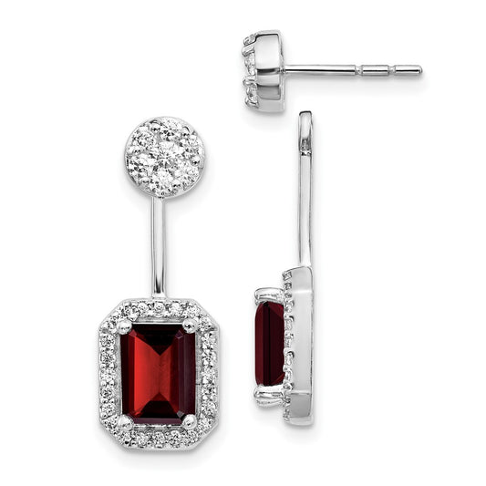 14k White Gold Real Diamond/Garnet Front/Back Earrings