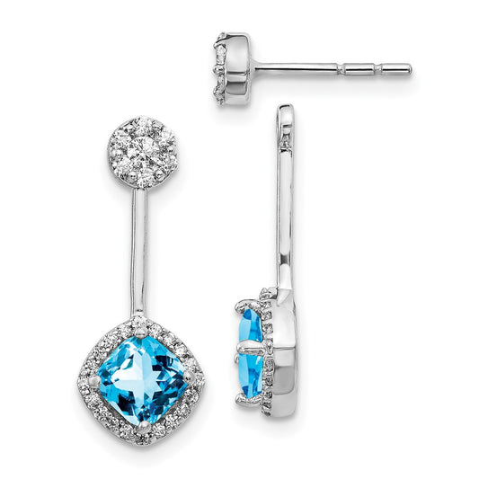 Solid 14k White Gold Simulated CZ Simulated/Simulated Blue Topaz Front/BacK Earrings