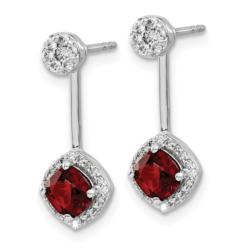 14k White Gold Real Diamond/Garnet Front/Back Earrings