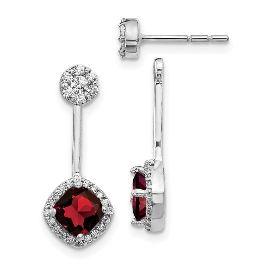 14k White Gold Real Diamond/Garnet Front/Back Earrings