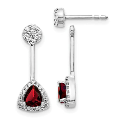 Solid 14k White Gold Simulated CZ Simulated/Trillion Garnet Front/BacK Earrings