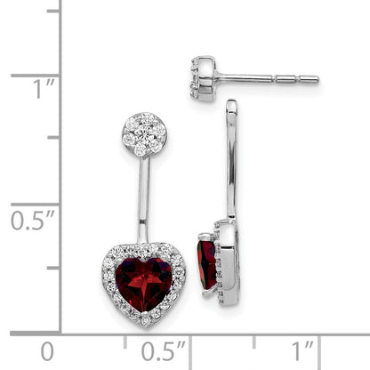 14k White Gold Real Diamond/Heart Garnet Front/Back Earrings
