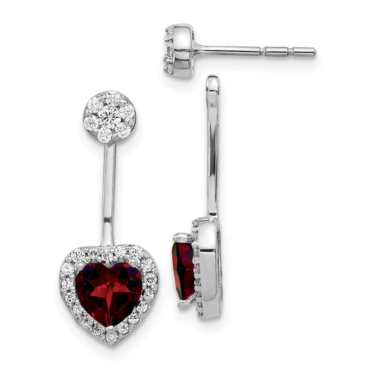 14k White Gold Real Diamond/Heart Garnet Front/Back Earrings