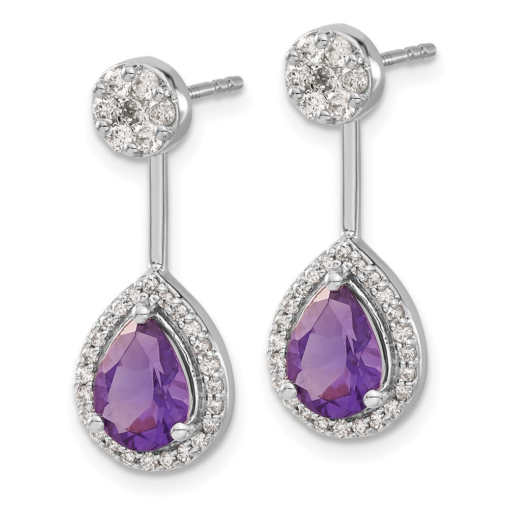14k White Gold Real Diamond/Pear Amethyst Front/Back Earrings