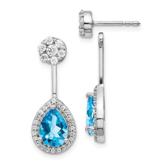 Solid 14k White Gold Simulated CZ Simulated/Pear Blue Topaz Front/BacK Earrings
