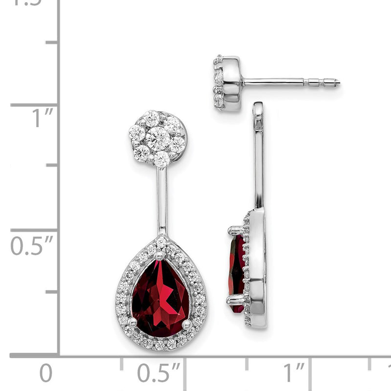 14k White Gold Real Diamond/Pear Garnet Front/Back Earrings