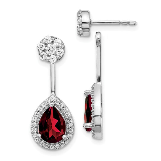14k White Gold Real Diamond/Pear Garnet Front/Back Earrings