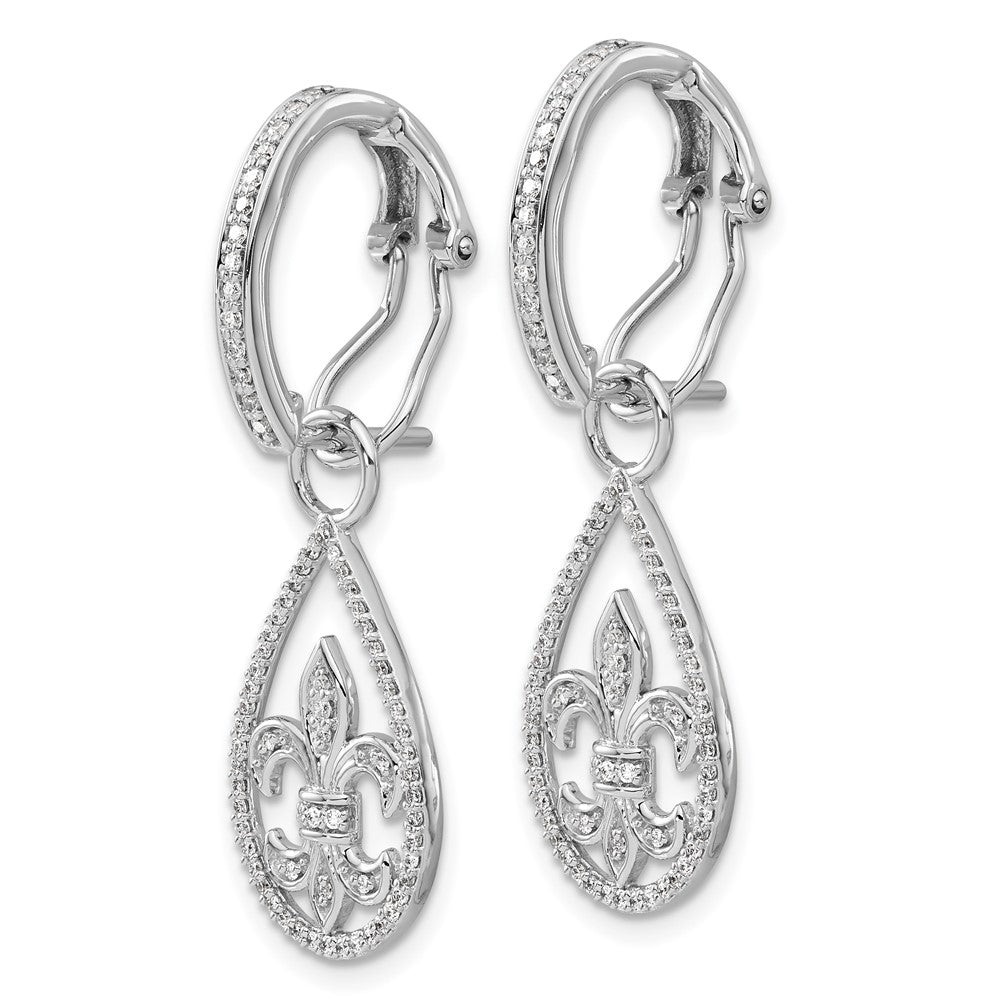 Solid 14k White Gold Simulated CZ Fleur de Lis Dangle Omega BacK Earrings