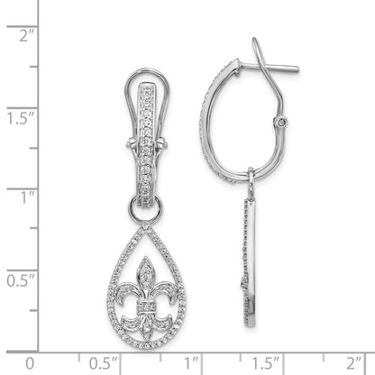 Solid 14k White Gold Simulated CZ Fleur de Lis Dangle Omega BacK Earrings