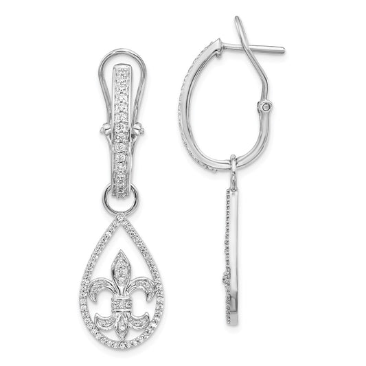Solid 14k White Gold Simulated CZ Fleur de Lis Dangle Omega BacK Earrings