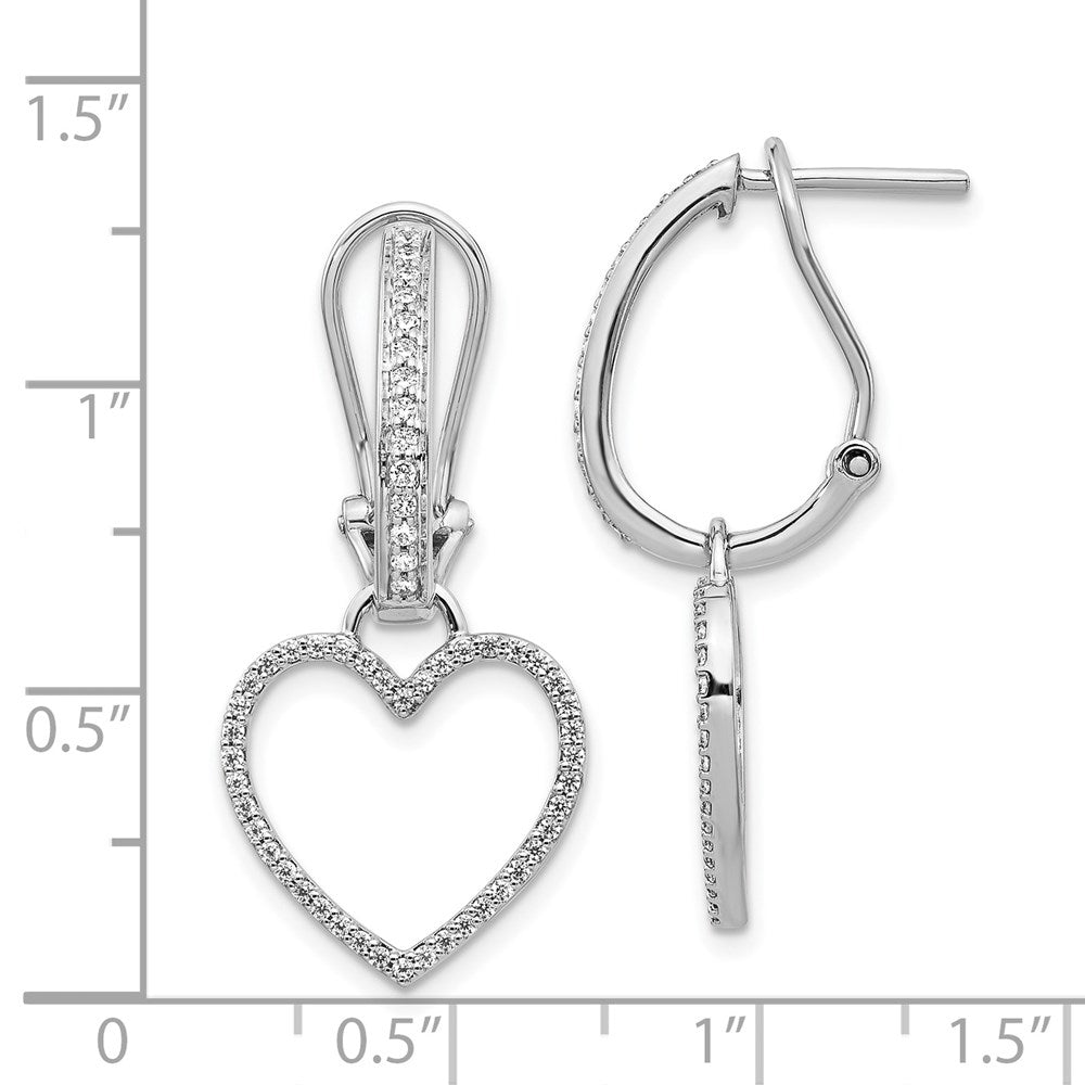 Solid 14k White Gold Simulated CZ Heart Dangle Omega BacK Earrings