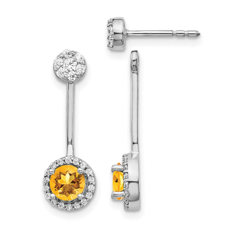 14k White Gold Real Diamond/Citrine Front/Back Earrings