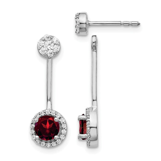 14k White Gold Real Diamond/Garnet Front/Back Earrings