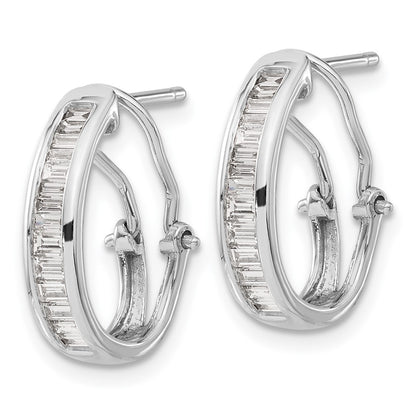 Solid 14k White Gold Baguette Simulated CZ Omega BacK Hoop Earrings