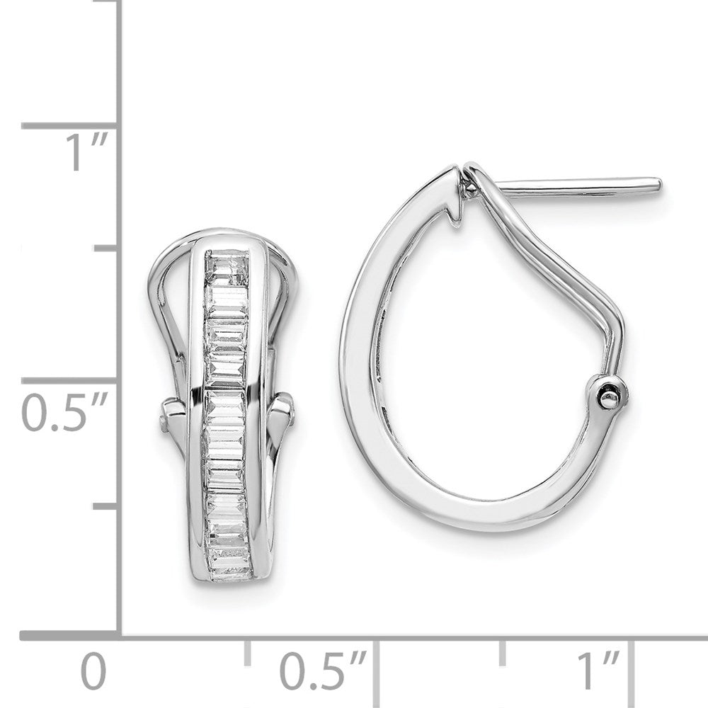 Solid 14k White Gold Baguette Simulated CZ Omega BacK Hoop Earrings