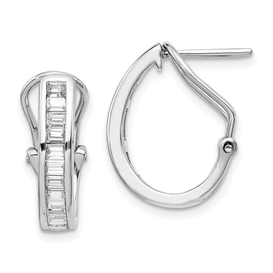 Solid 14k White Gold Baguette Simulated CZ Omega BacK Hoop Earrings