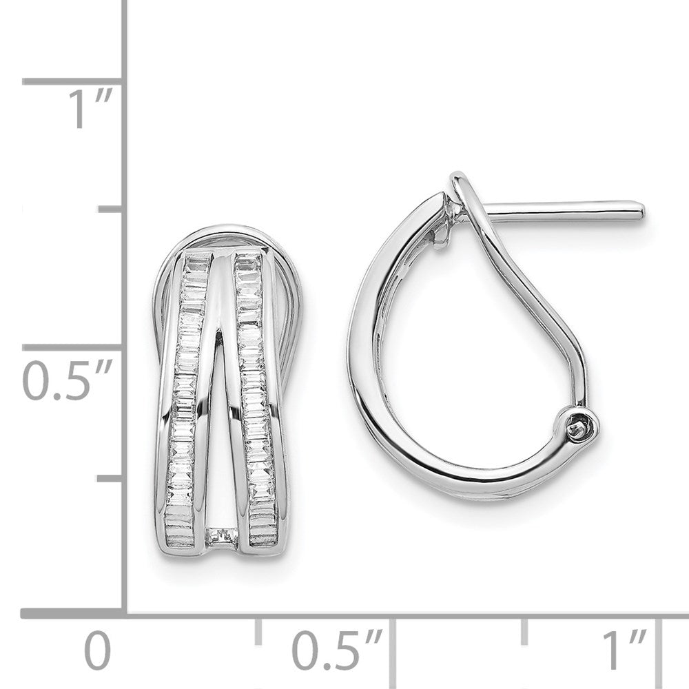 Solid 14k White Gold 2-row Baguette Simulated CZ Omega BacK Hoop Earrings