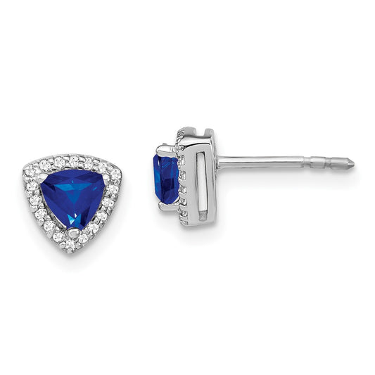Solid 14k White Gold Trillion Simulated Sapphire and CZ Halo Earrings