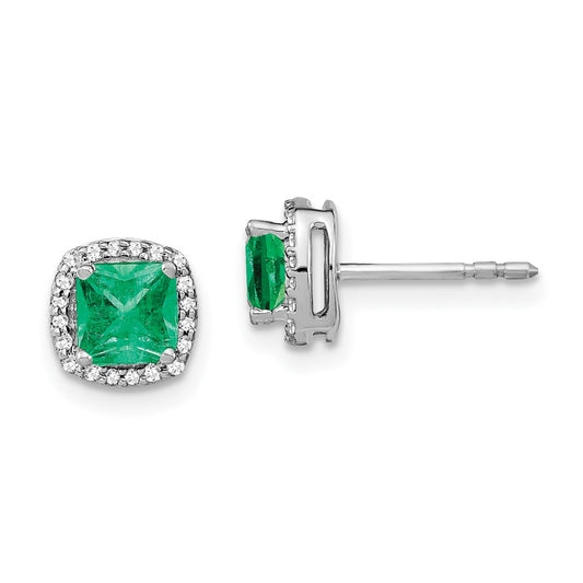 14k White Gold Cushion Emerald and Real Diamond Halo Earrings