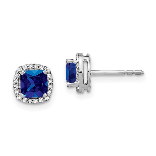 Solid 14k White Gold Cushion Simulated Sapphire and CZ Halo Earrings