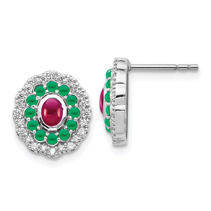 14k White Gold Real Diamond Ruby & Emerald Earrings
