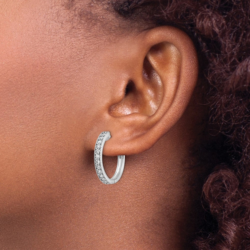 14k White Gold Real Diamond Milgrain Hoop Earrings