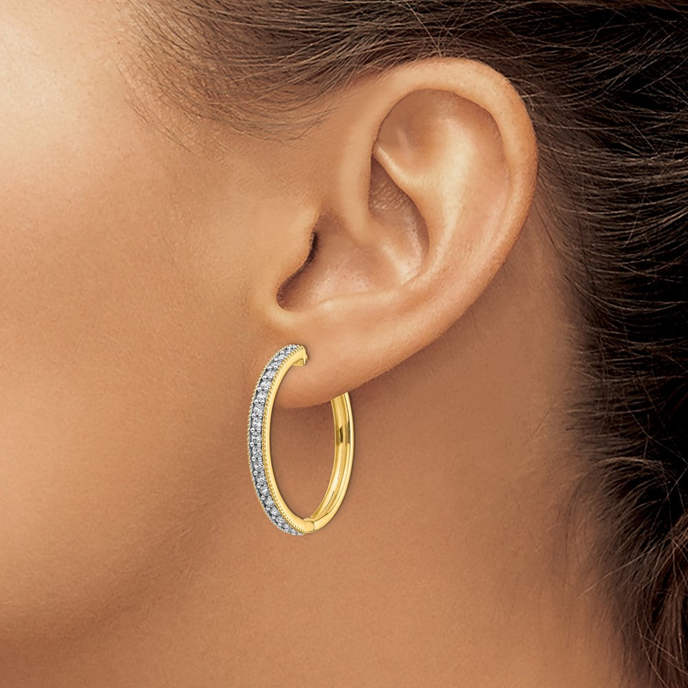 14k Yellow Gold Real Diamond Milgrain Hoop Earrings