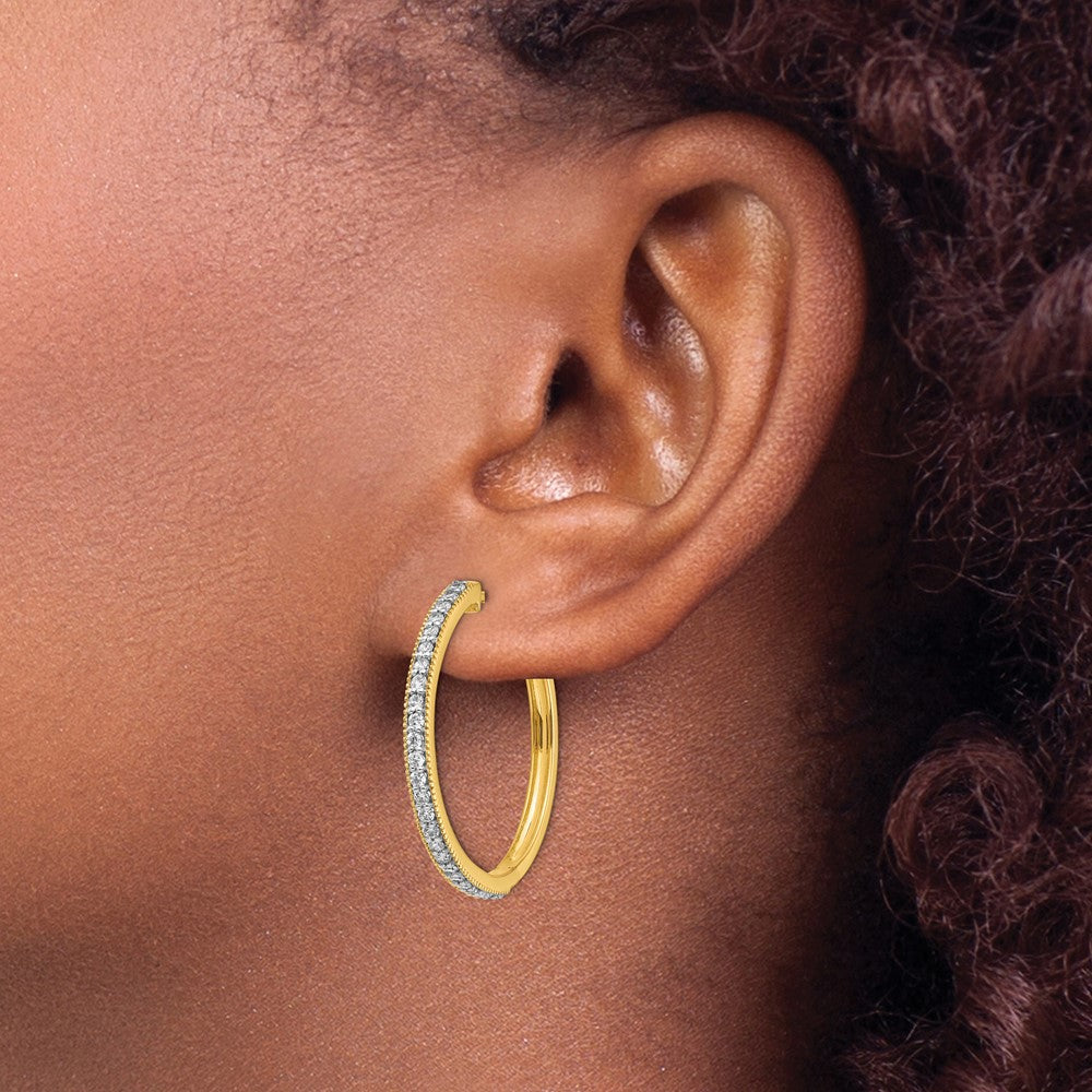14k Yellow Gold Real Diamond Milgrain Hoop Earrings