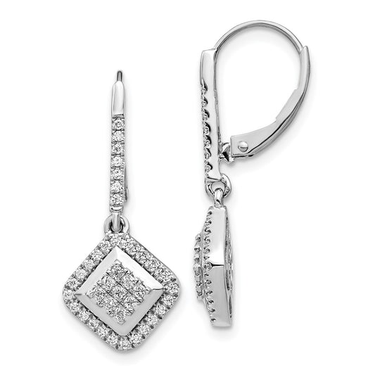 Solid 14k White Gold Simulated CZ Cluster LeverbacK Earrings