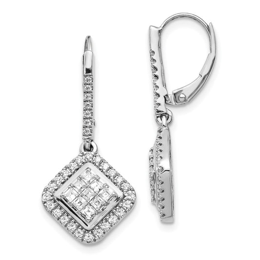 Solid 14k White Gold Simulated CZ Cluster LeverbacK Earrings