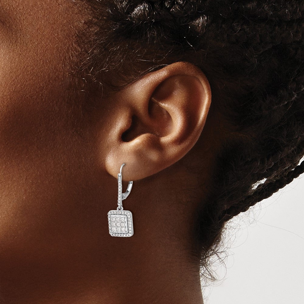 14k White Gold Real Diamond Cluster Leverback Earrings