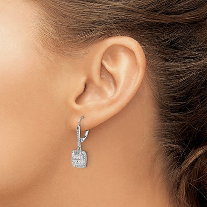 Solid 14k White Gold Simulated CZ Cluster LeverbacK Earrings
