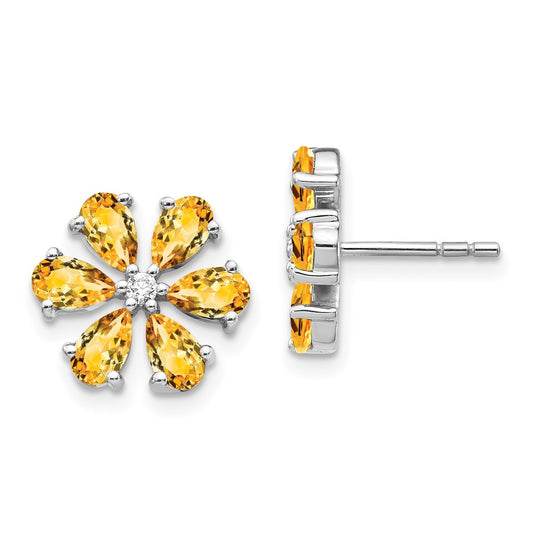 14k White Gold Real Diamond Citrine Flower Earrings