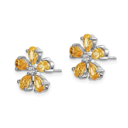 14k White Gold Real Diamond Citrine Flower Earrings