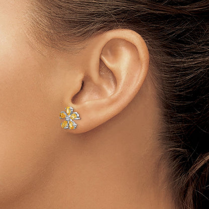 14k White Gold Real Diamond Citrine Flower Earrings