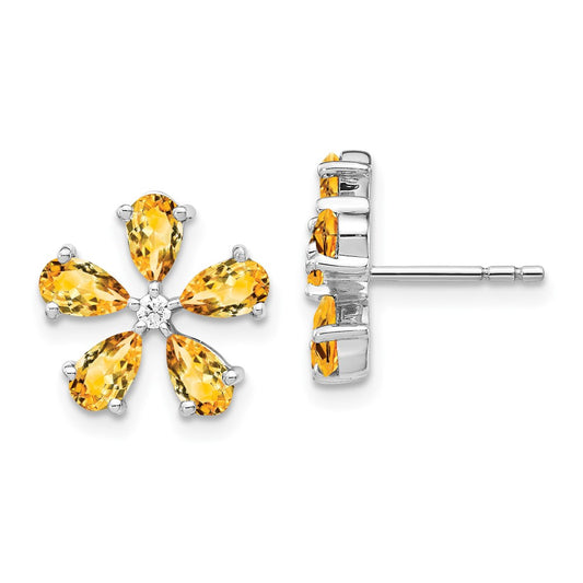 14k White Gold Real Diamond Citrine Flower Earrings