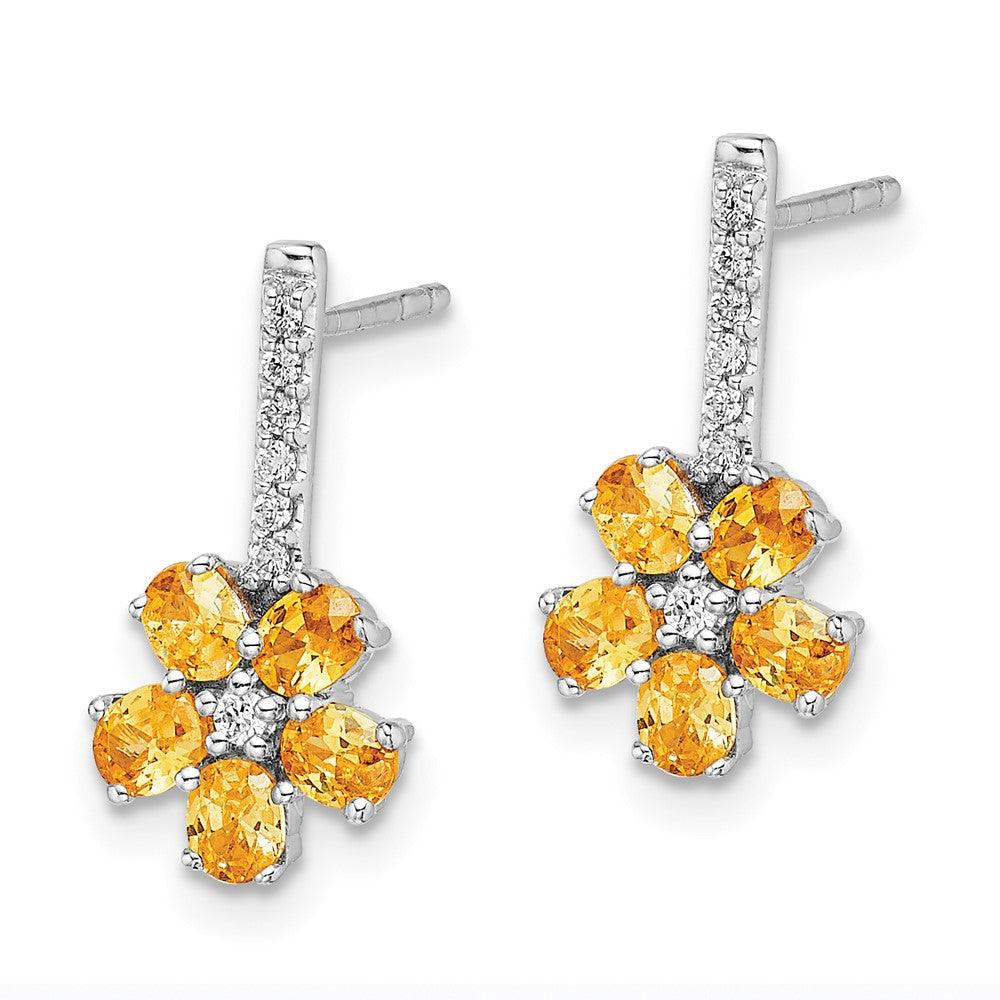 14k White Gold Real Diamond Citrine Flower Earrings